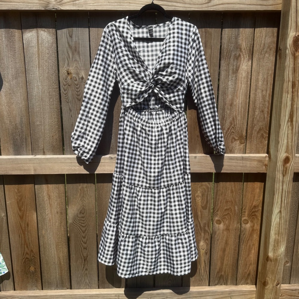 SHEIN Black White Gingham Twist Front Cutout Tiered Midi Dress Womens Size 6 M